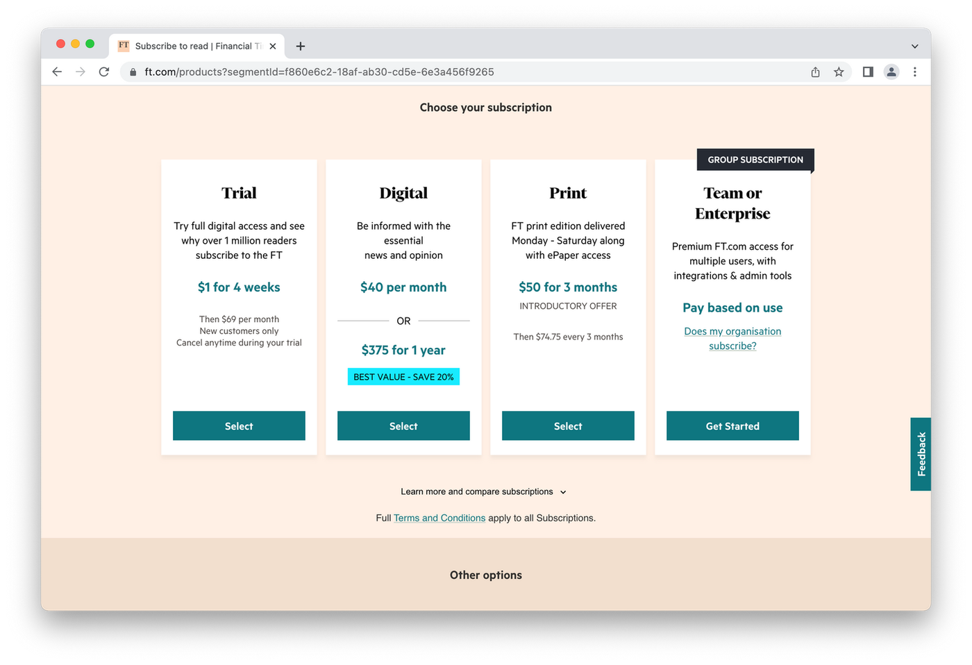 Financial Times pricing options on peach background