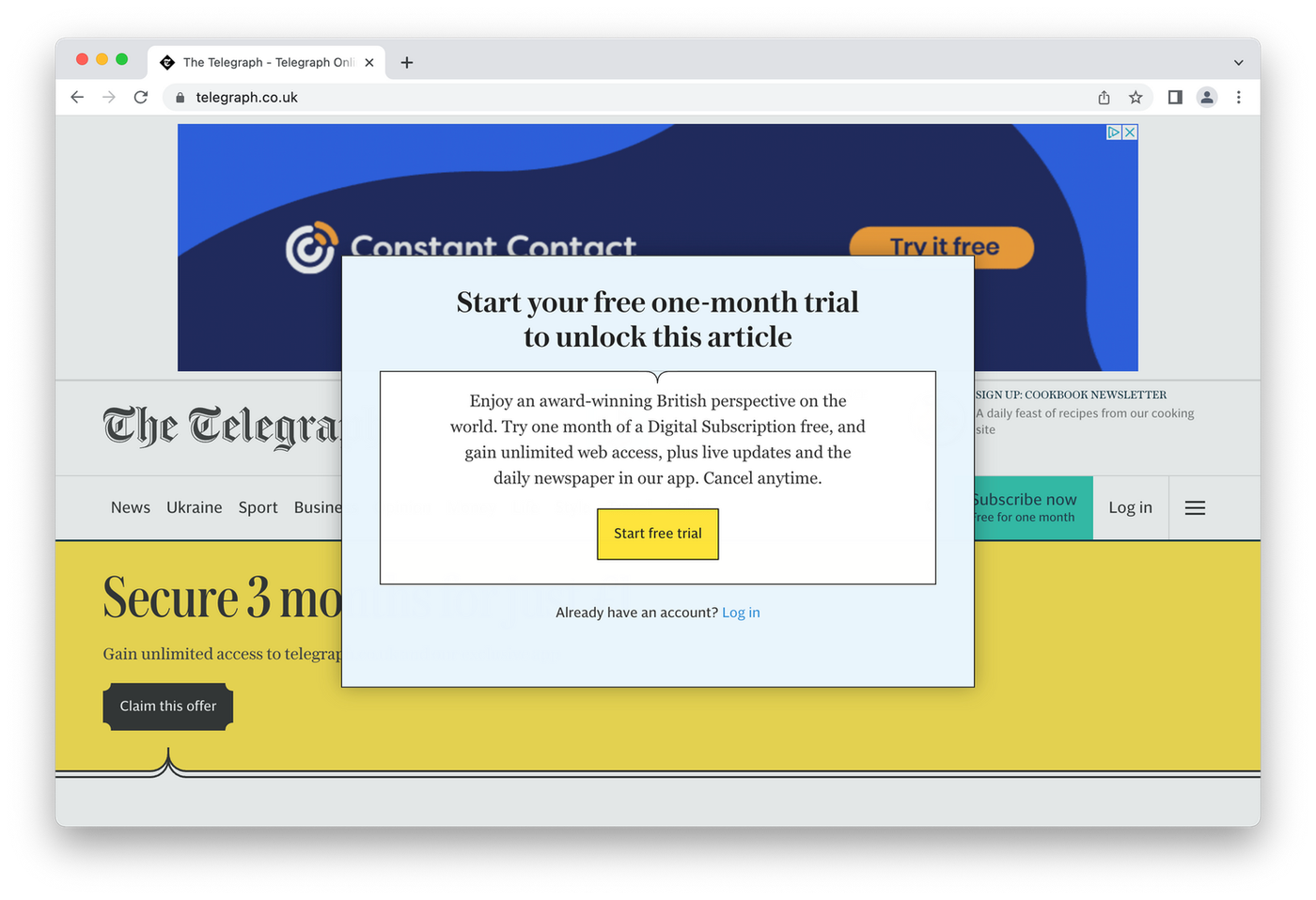 Pop up subscription request on The Telegraph's website