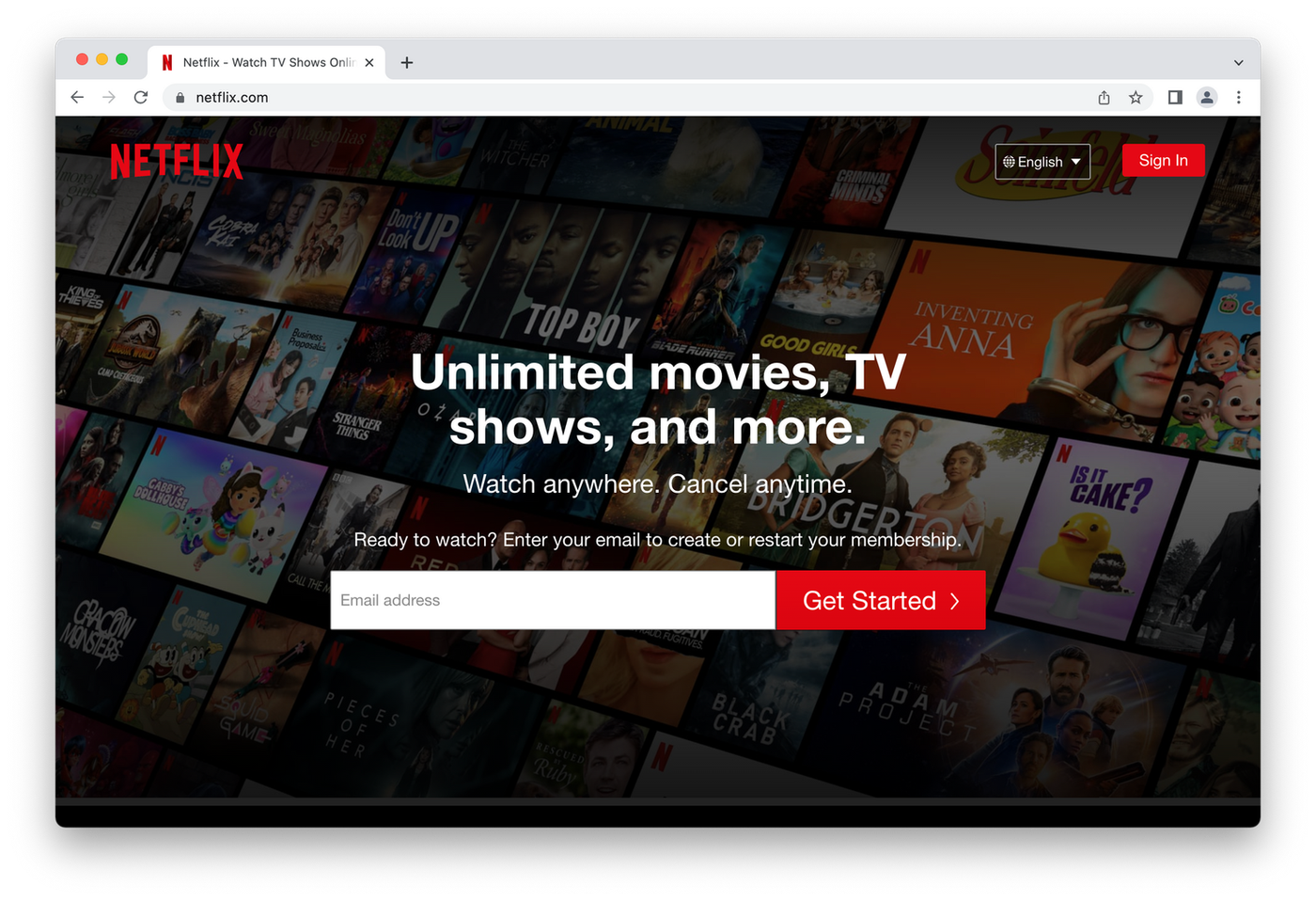 Netflix sign up page, email field over TV and movie titles