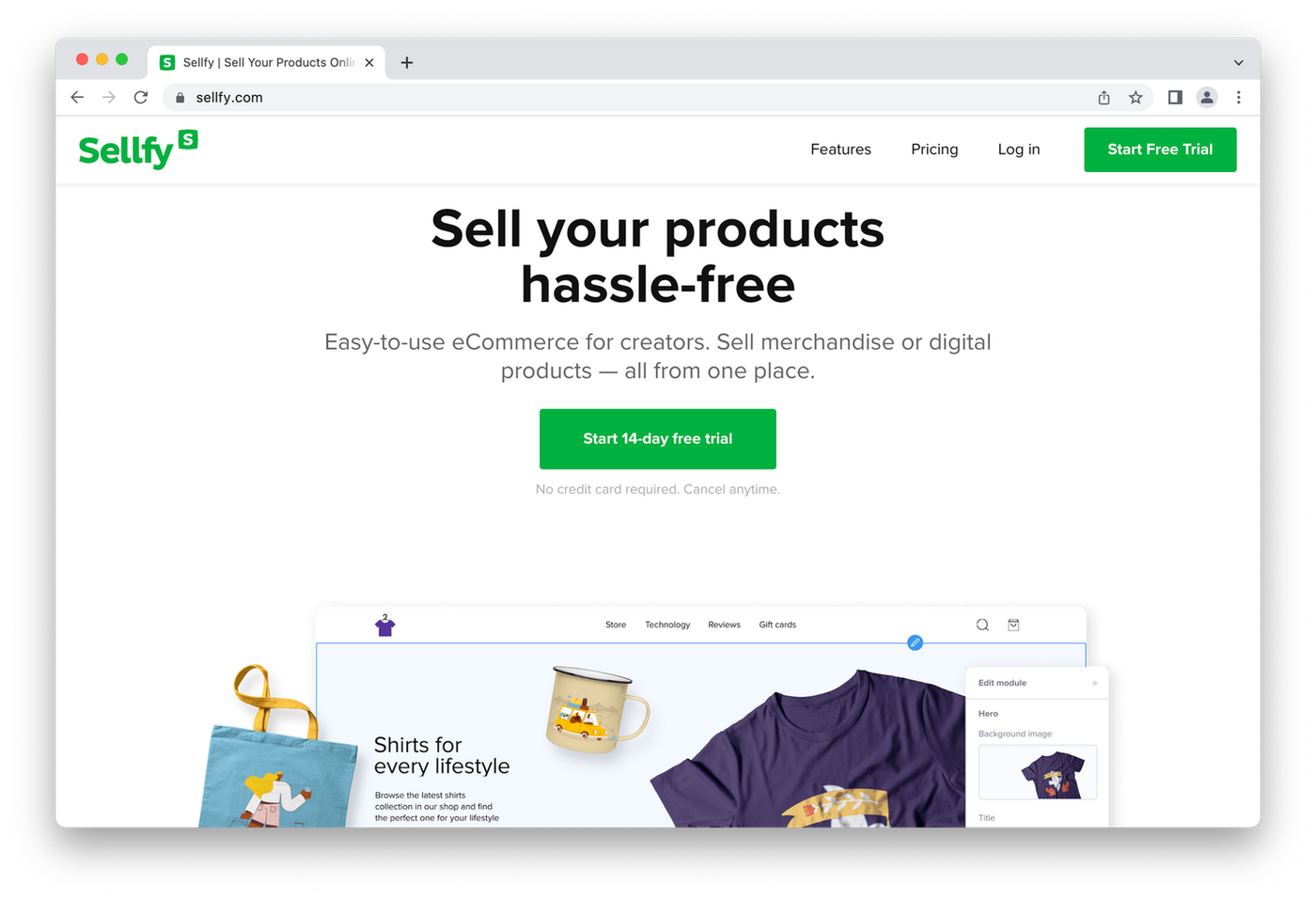 screenshot of sellfy homepage