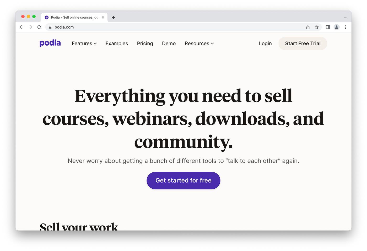 screenshot of podia homepage