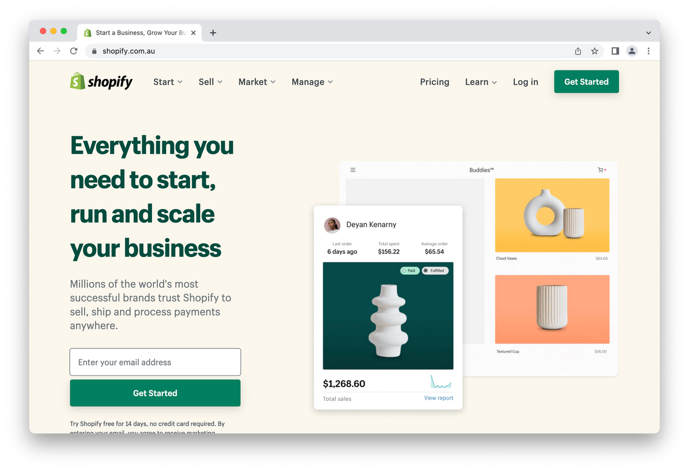screenshot of shopify homepage