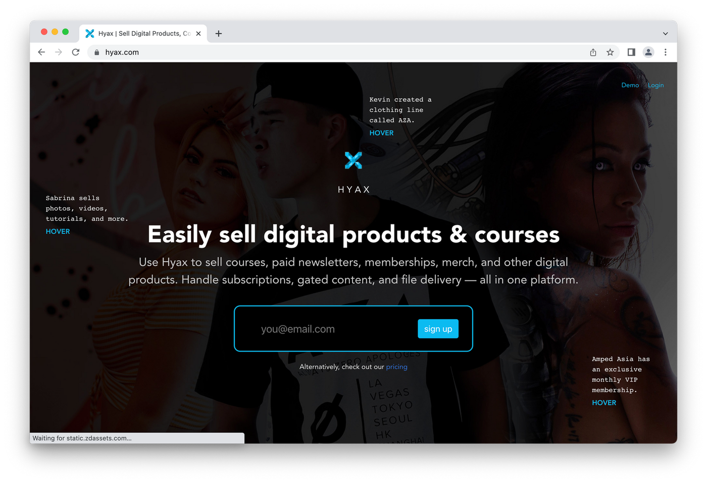 screenshot of hyax website, people on dark background
