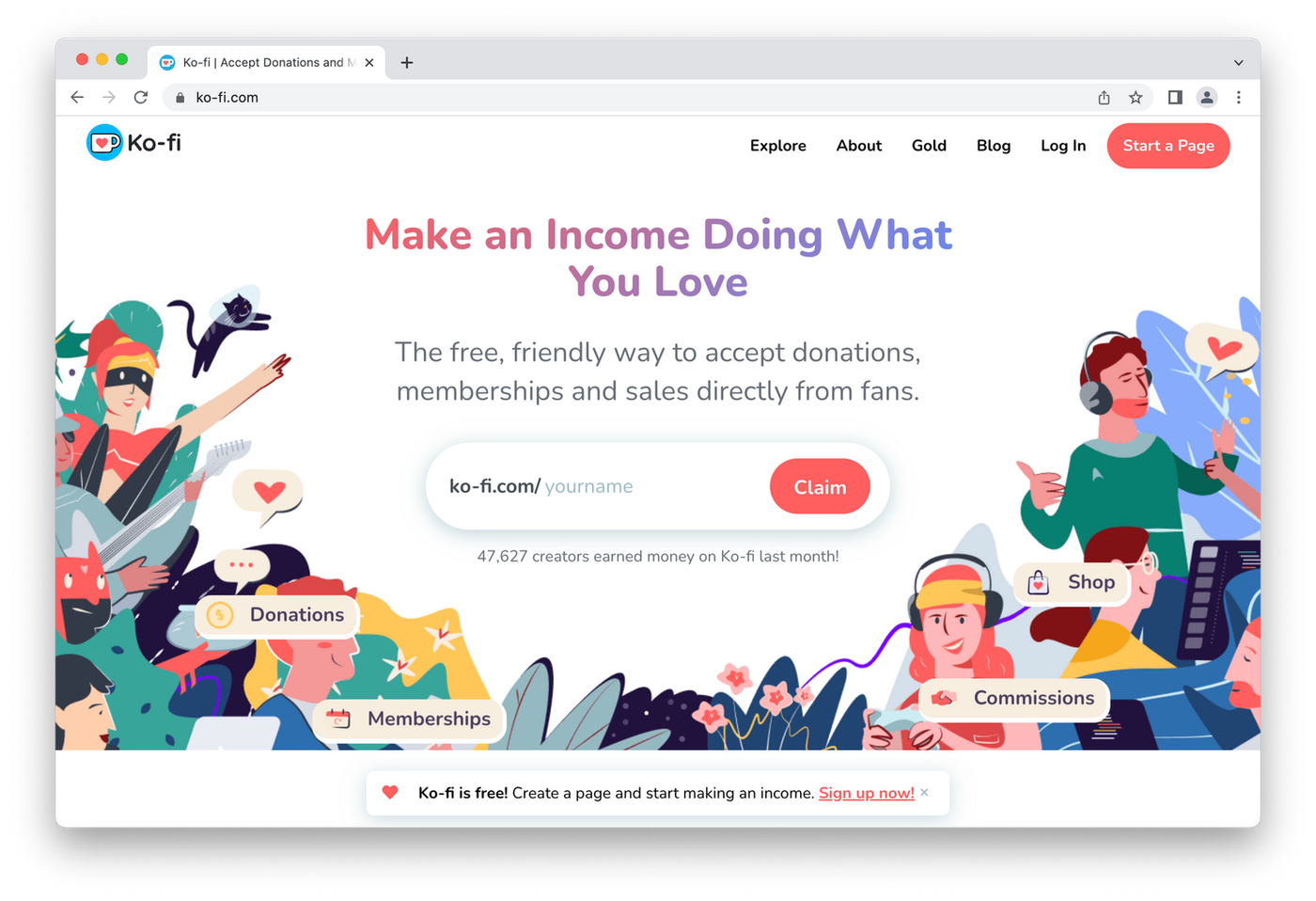 screenshot of ko-fi website, cartoon people on white background