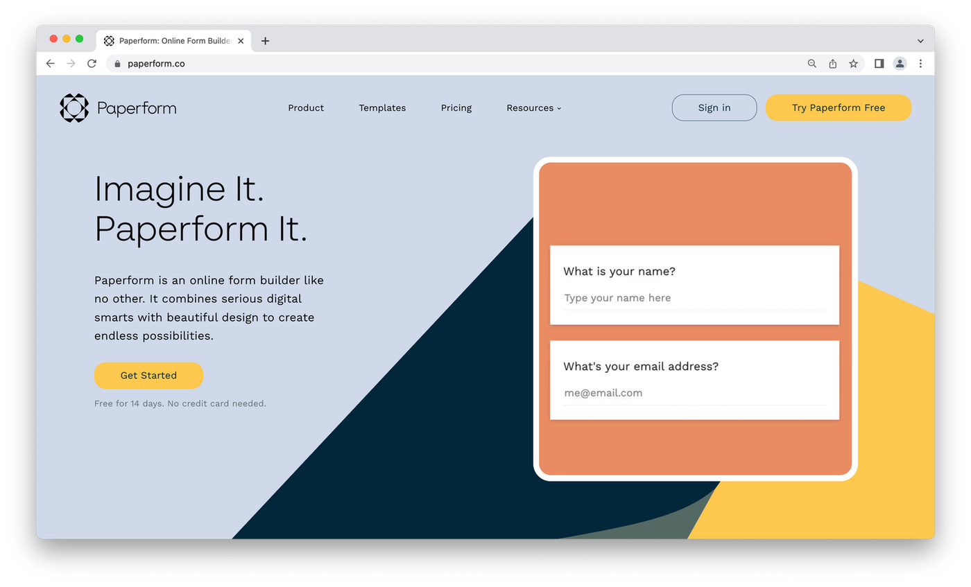 Paperform's homepage, geometric patterns with sample form