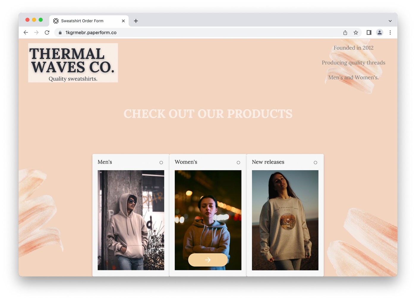 Clothing website template on Paperform, three models in hoodies