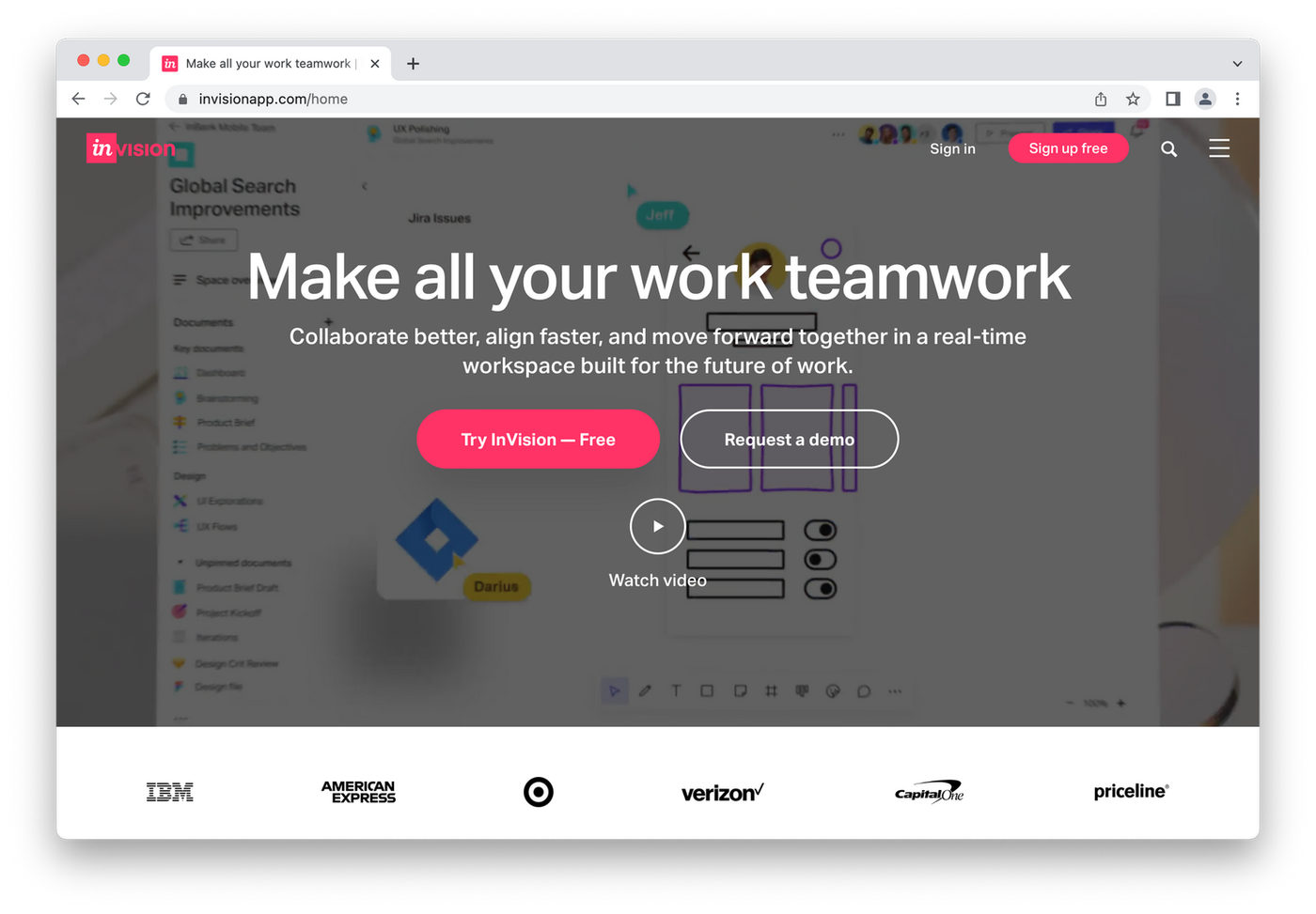 Invision homepage, pink text on grey background