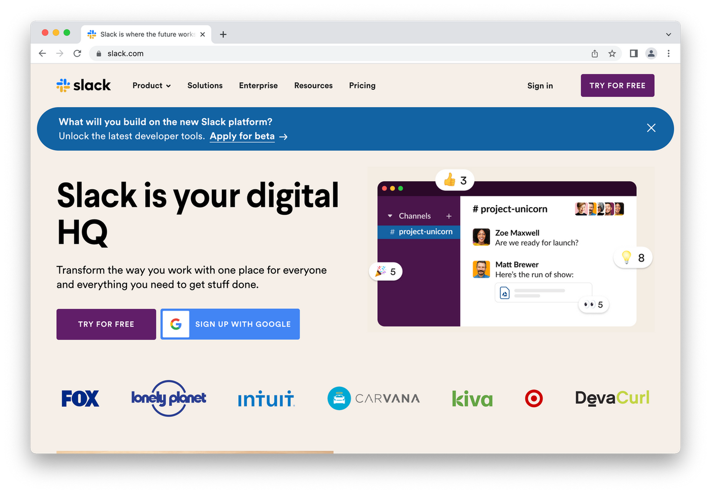 Slack homepage, chat box on peach background