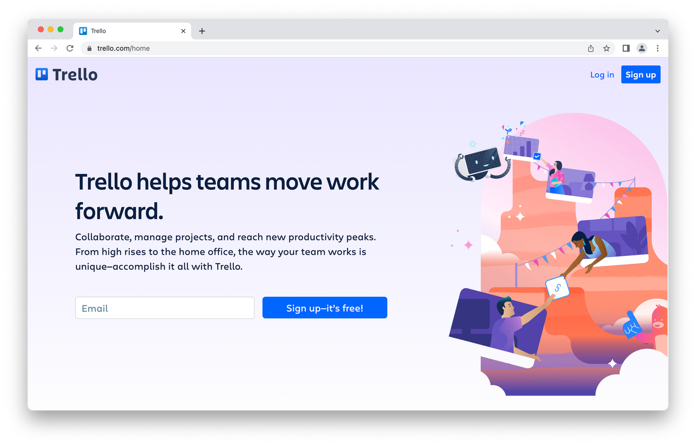 screenshot of the trello website, cartoon computers on purple background