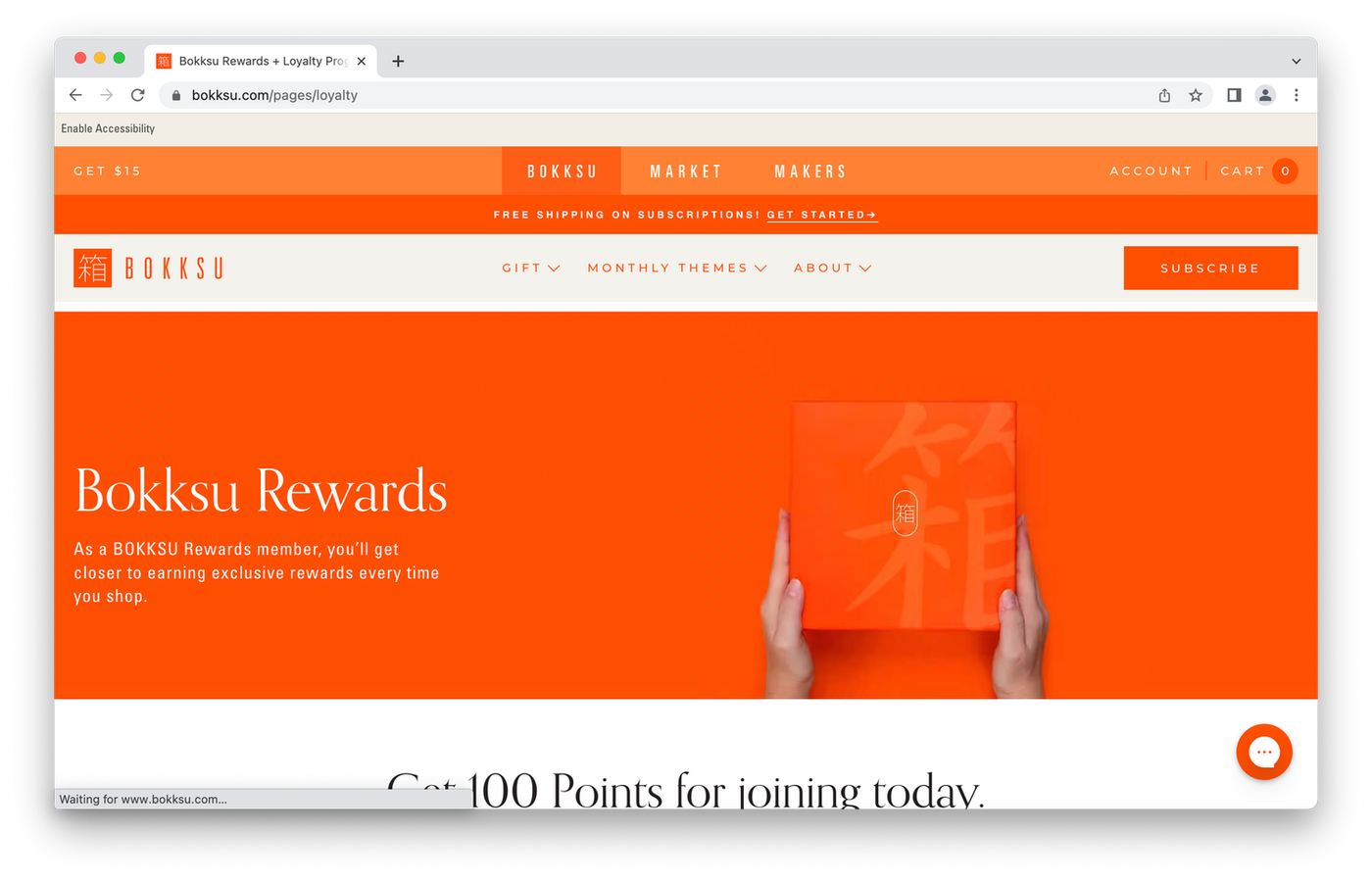 Bokksu rewards page, hands holding box on orange background