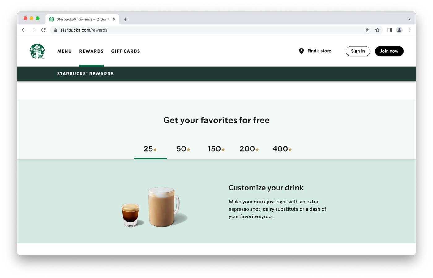 Starbucks rewards page, coffee drinks on green background