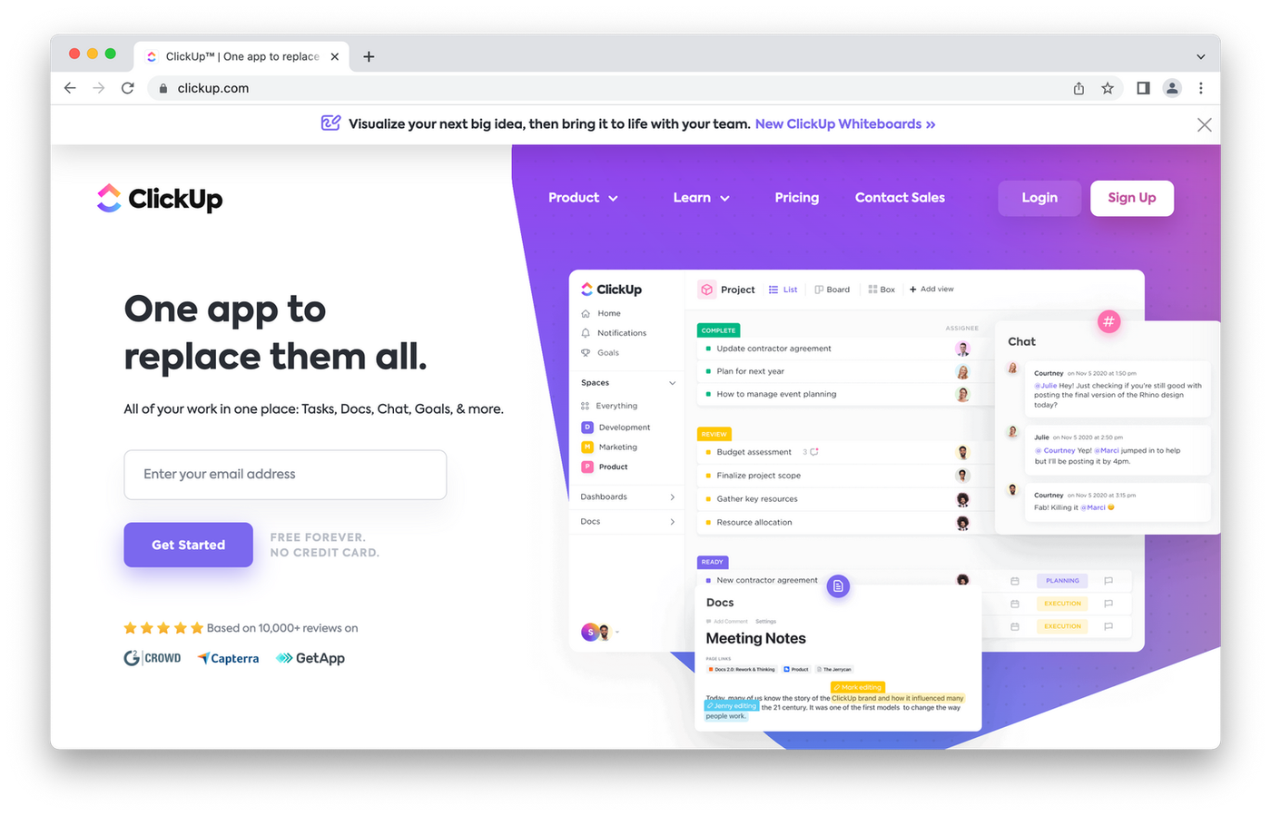 screenshot of clickup website, purple background with white screenshots