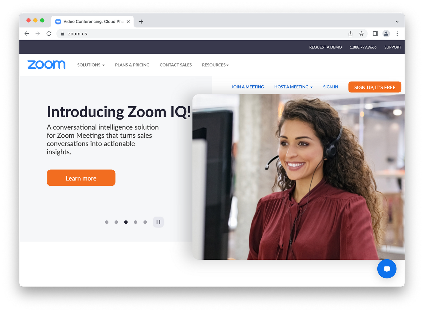 screenshot of zoom homepage, woman on video call 