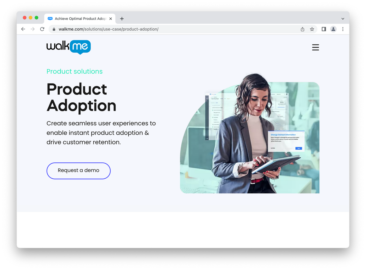screenshot of walkme homepage, woman on ipad