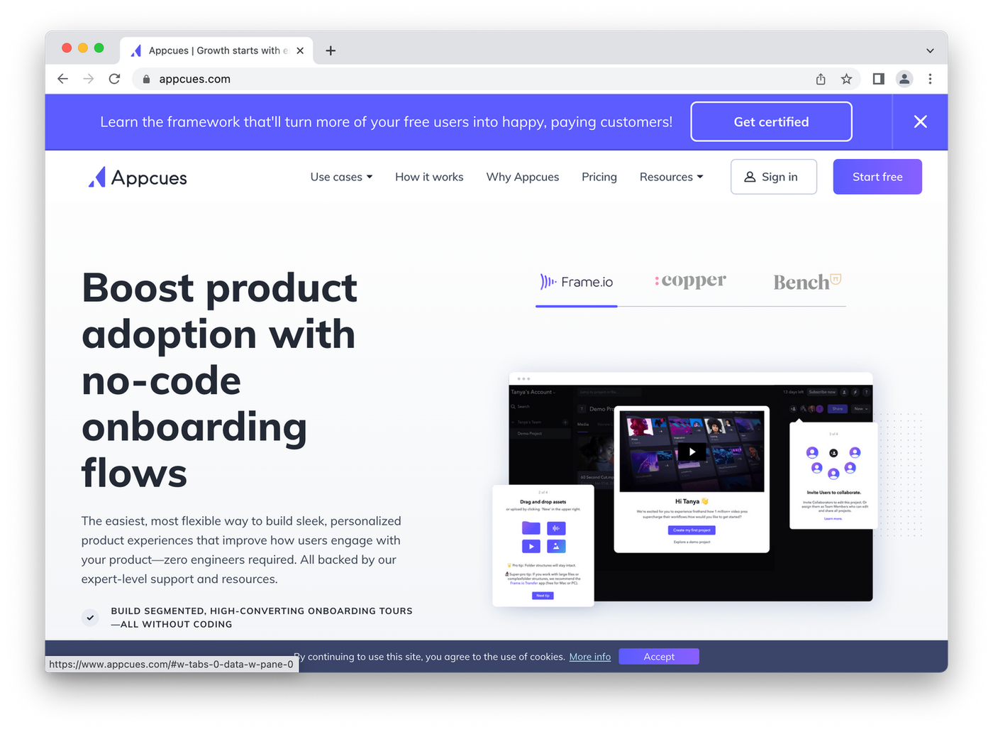 Screenshot of Appcues homepage, white and purple color scheme