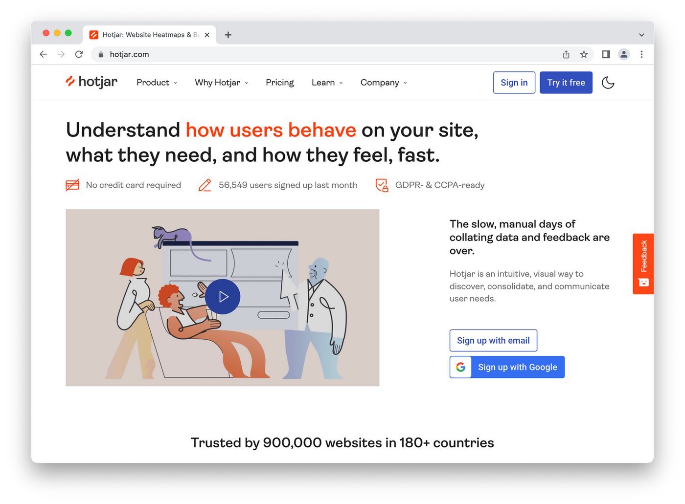 Screenshot of hotjar homepage, cartoon people on white and orange background