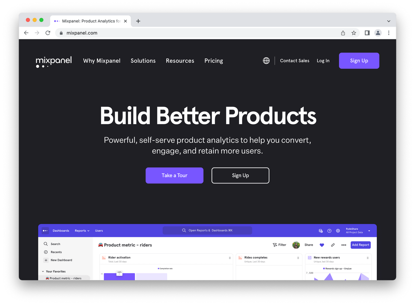 screenshot of mixpanel homepage, white and purple text on black background