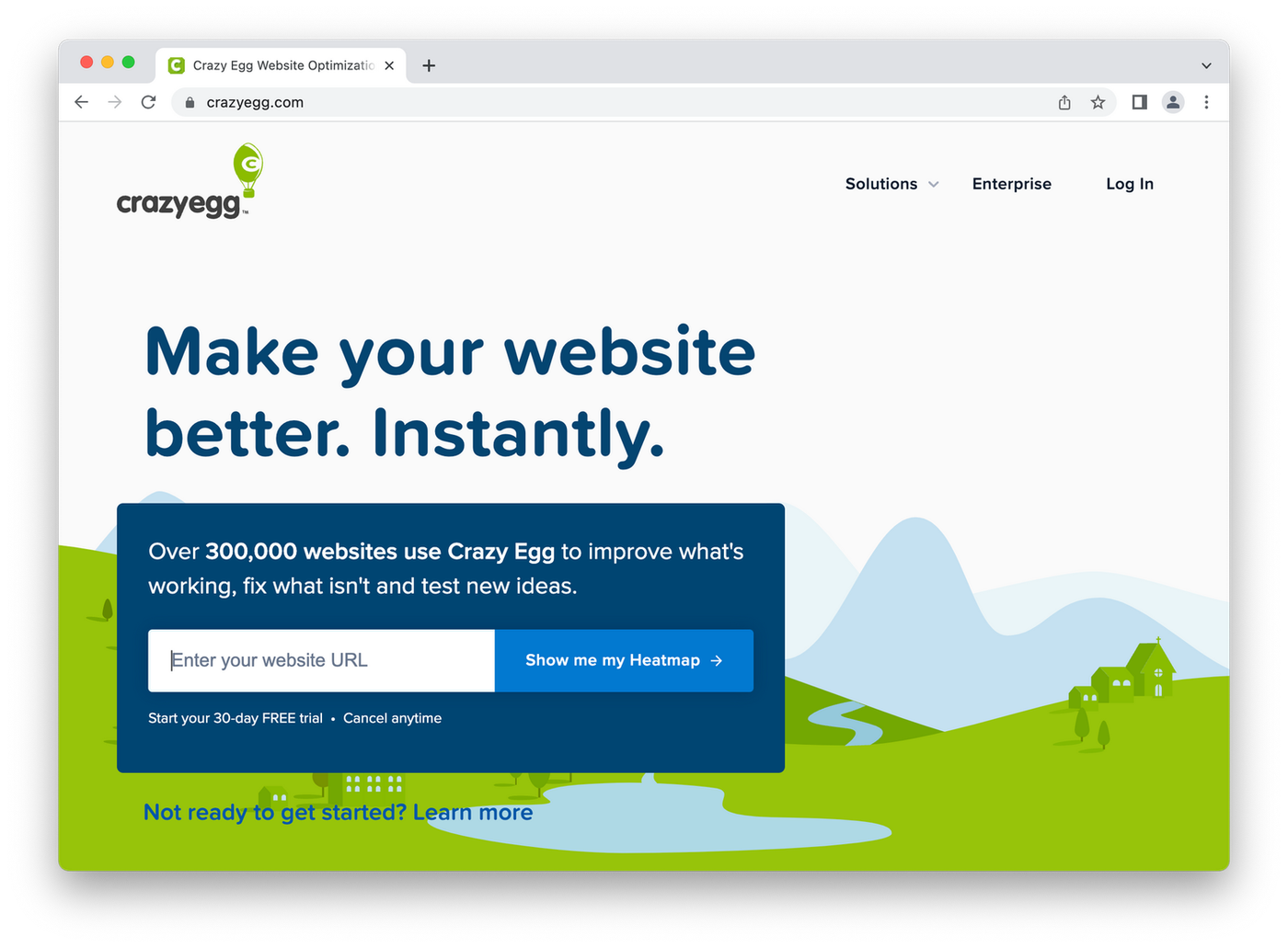 screenshot of crazyegg homepage, cartoon meadow