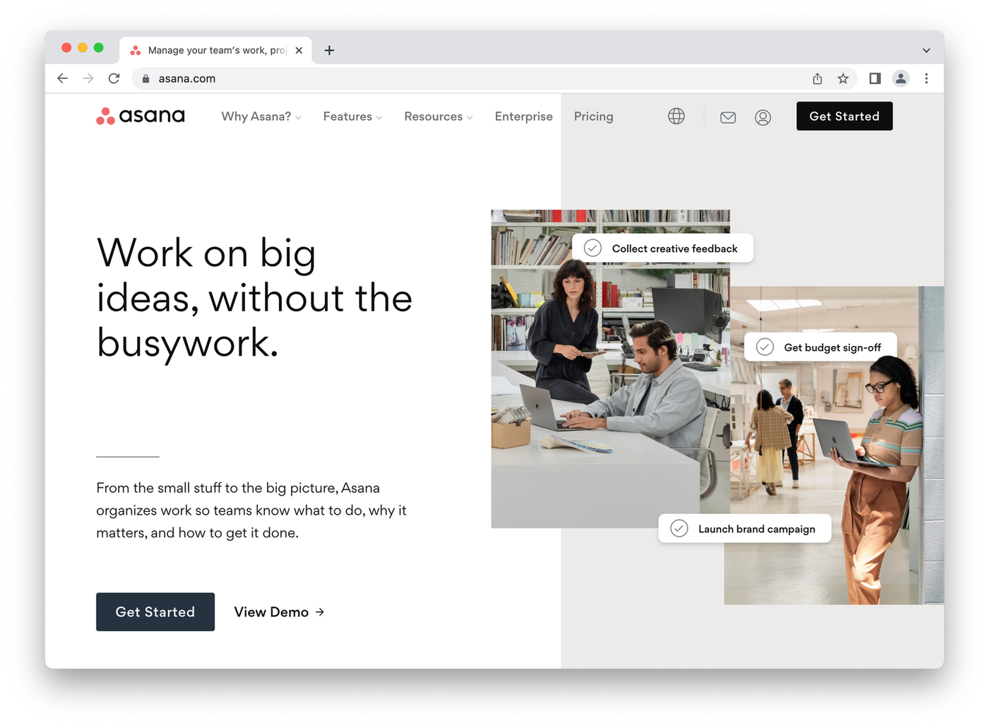 Asana homepage, people working in an office