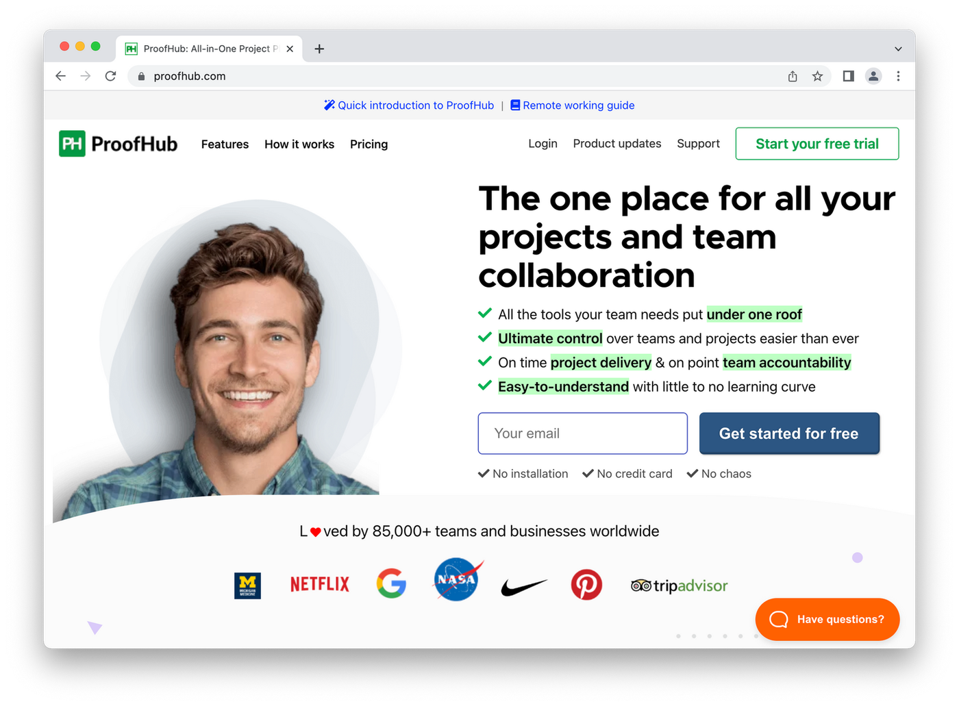 Proofhub homepage, man smiling on white background