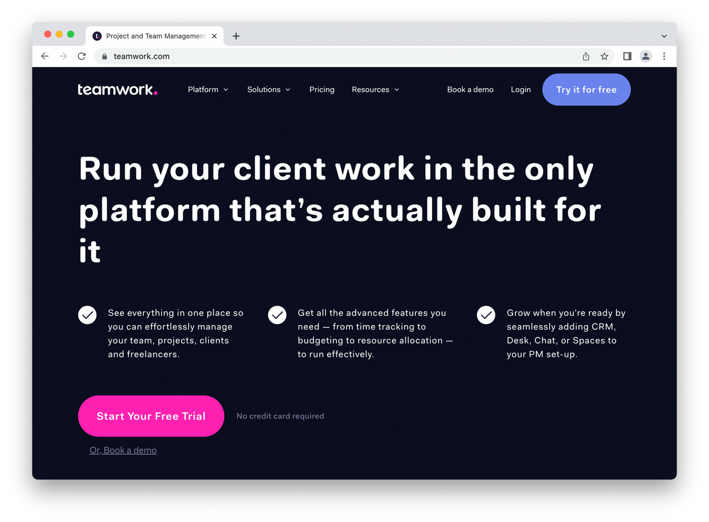 Teamwork homepage, white and pink on black background