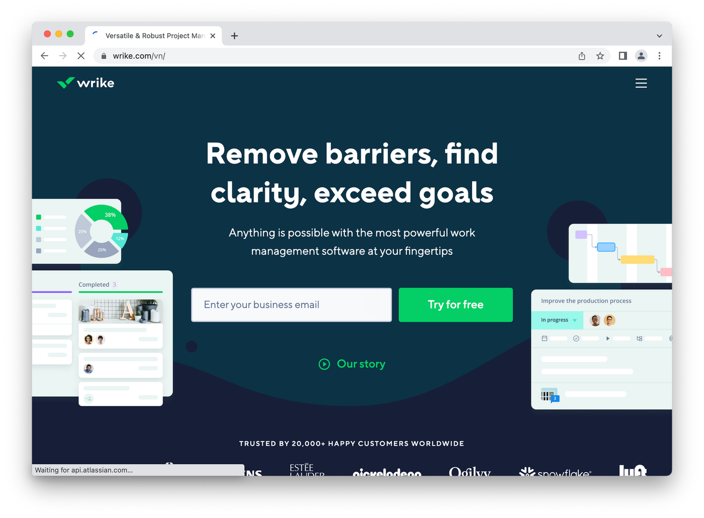 screenshot of Wrike website, screen grabs on dark background