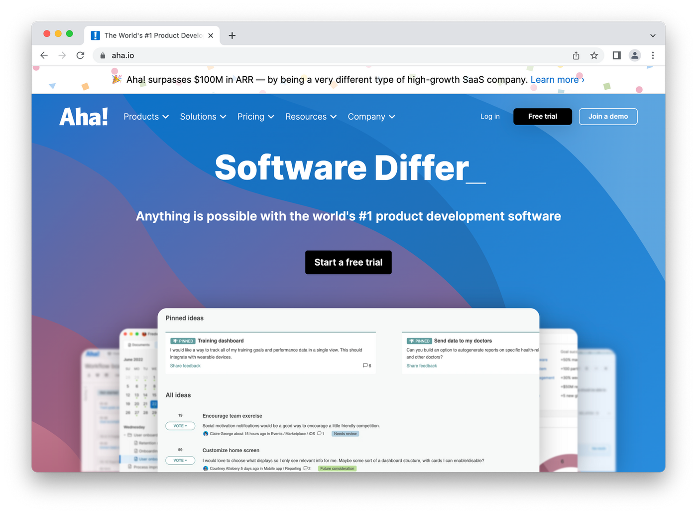 screenshot of aha! homepage, white webpages on blue background
