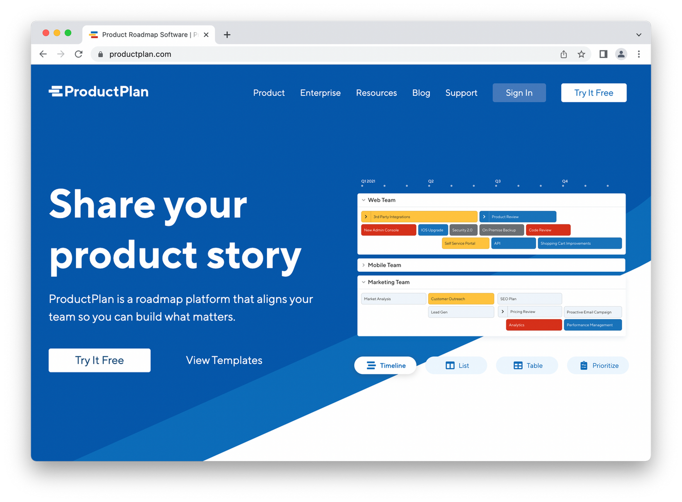 screenshot of productplan homepage, white text on blue background