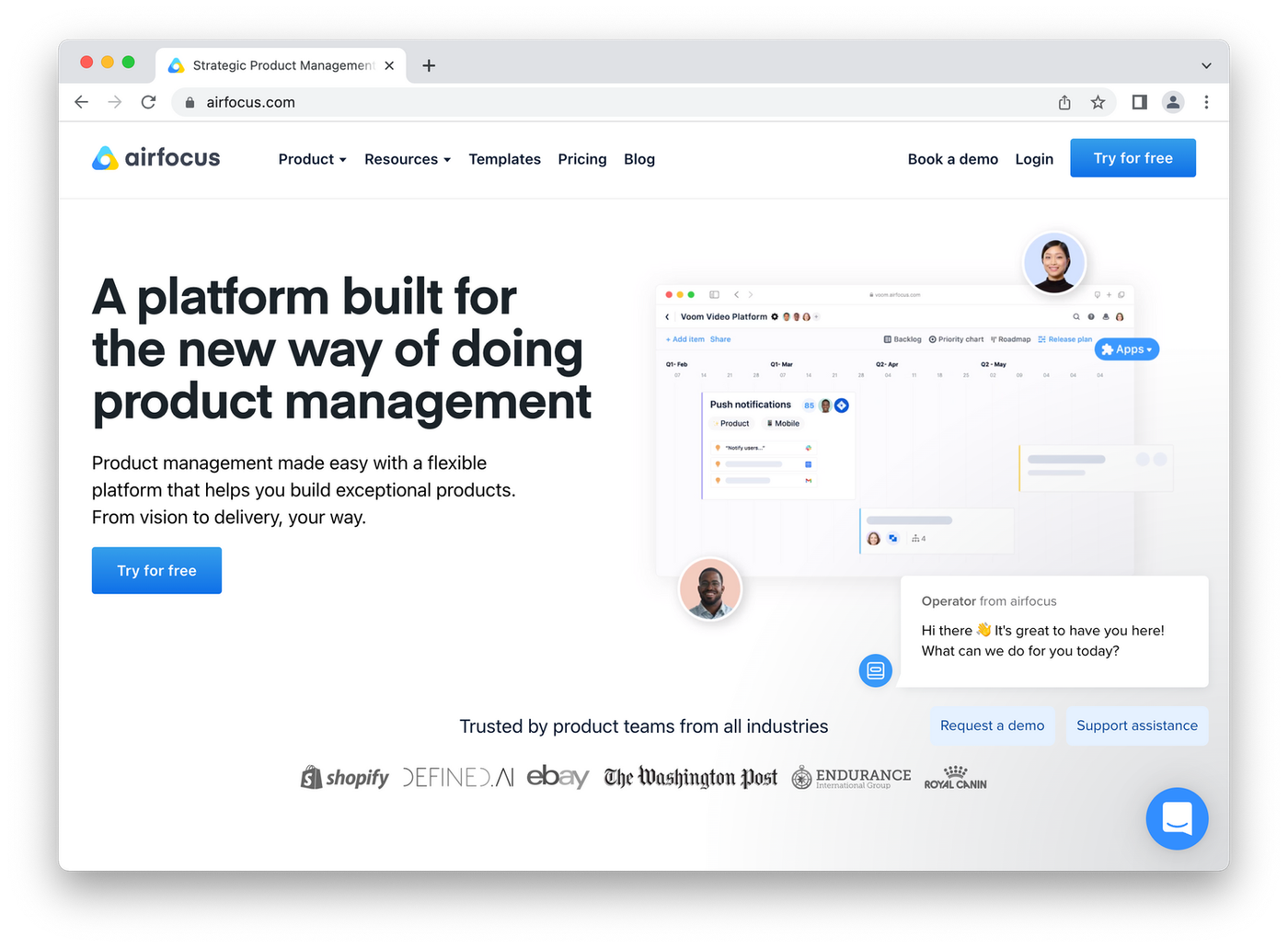 screenshot of airfocus homepage, blue and white website icons