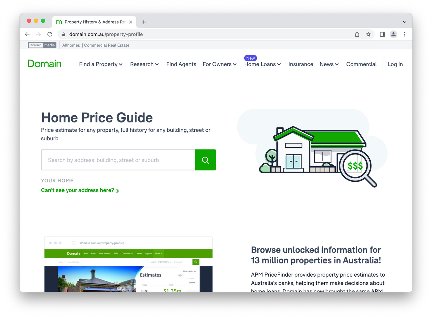 Domain pricing guide landing page, cartoon house on white background
