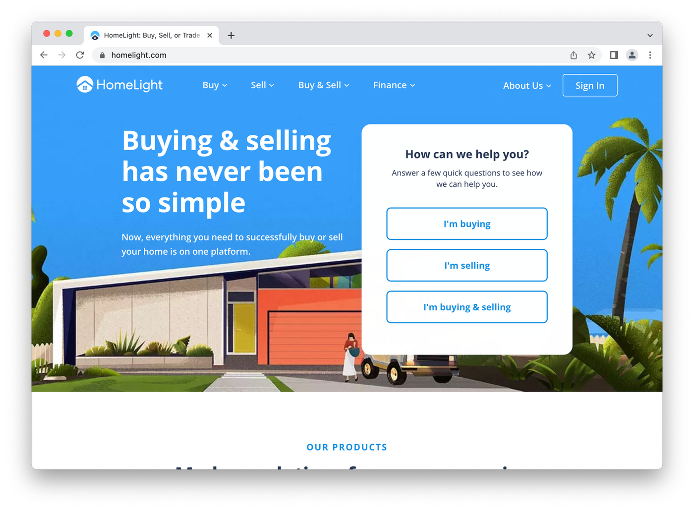 HomeLight landing page, cartoon home with palm trees