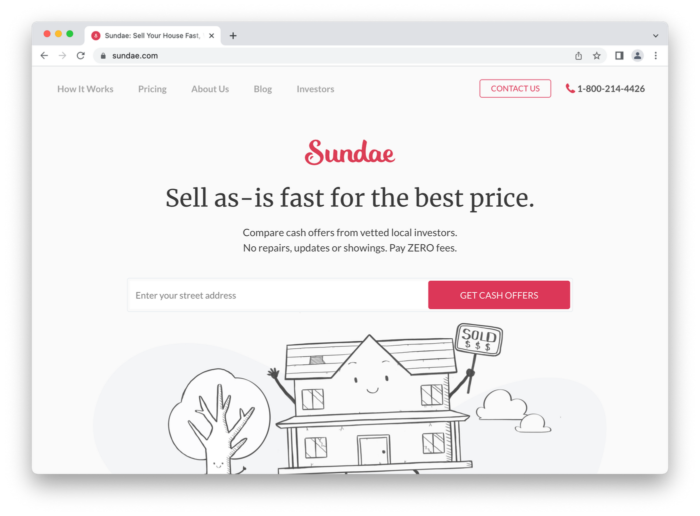 screenshot of sundae landing page, cartoon house holding a sold sign
