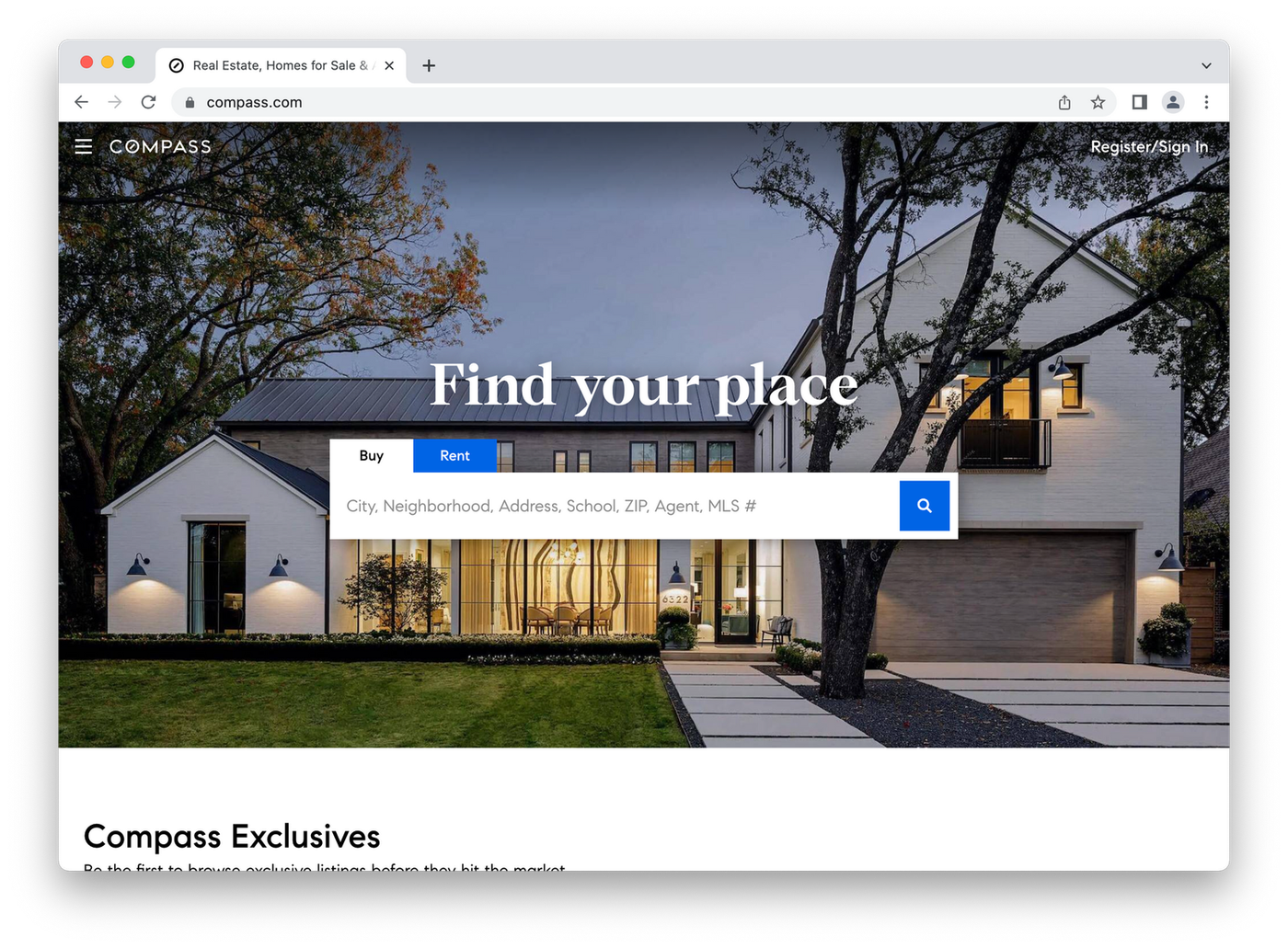 Compass landing page, upscale home at night