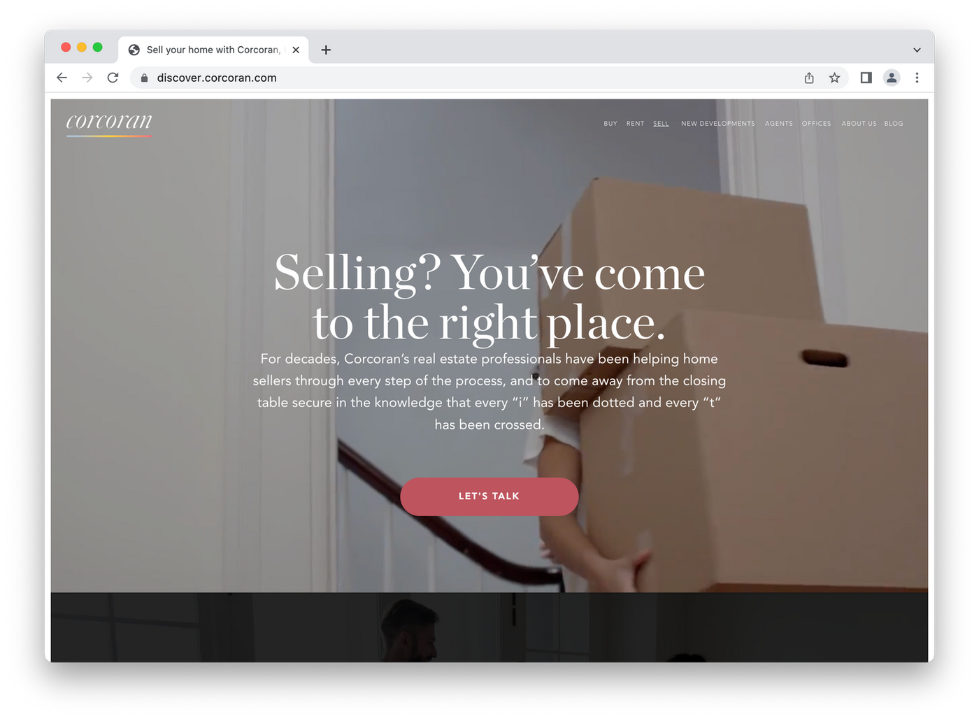 corcoran landing page, white text over image of people moving