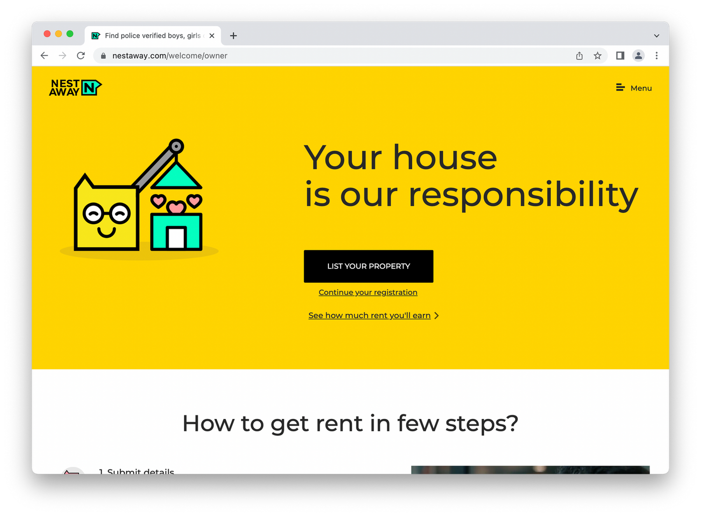 NestAway landing page, cartoon construction on yellow background