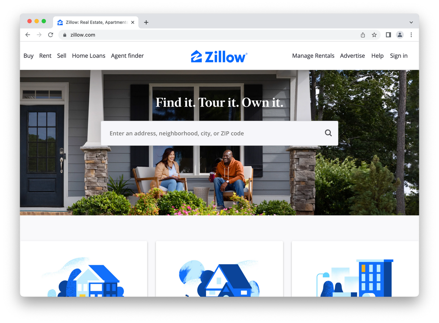 Zillow homepage, people sitting on porch