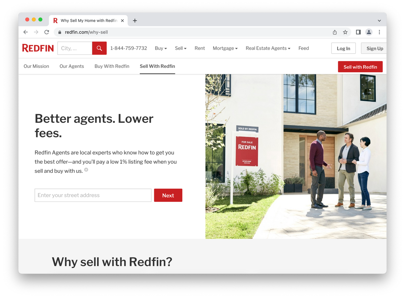 redfin sales landing page, realtor showing a couple a house