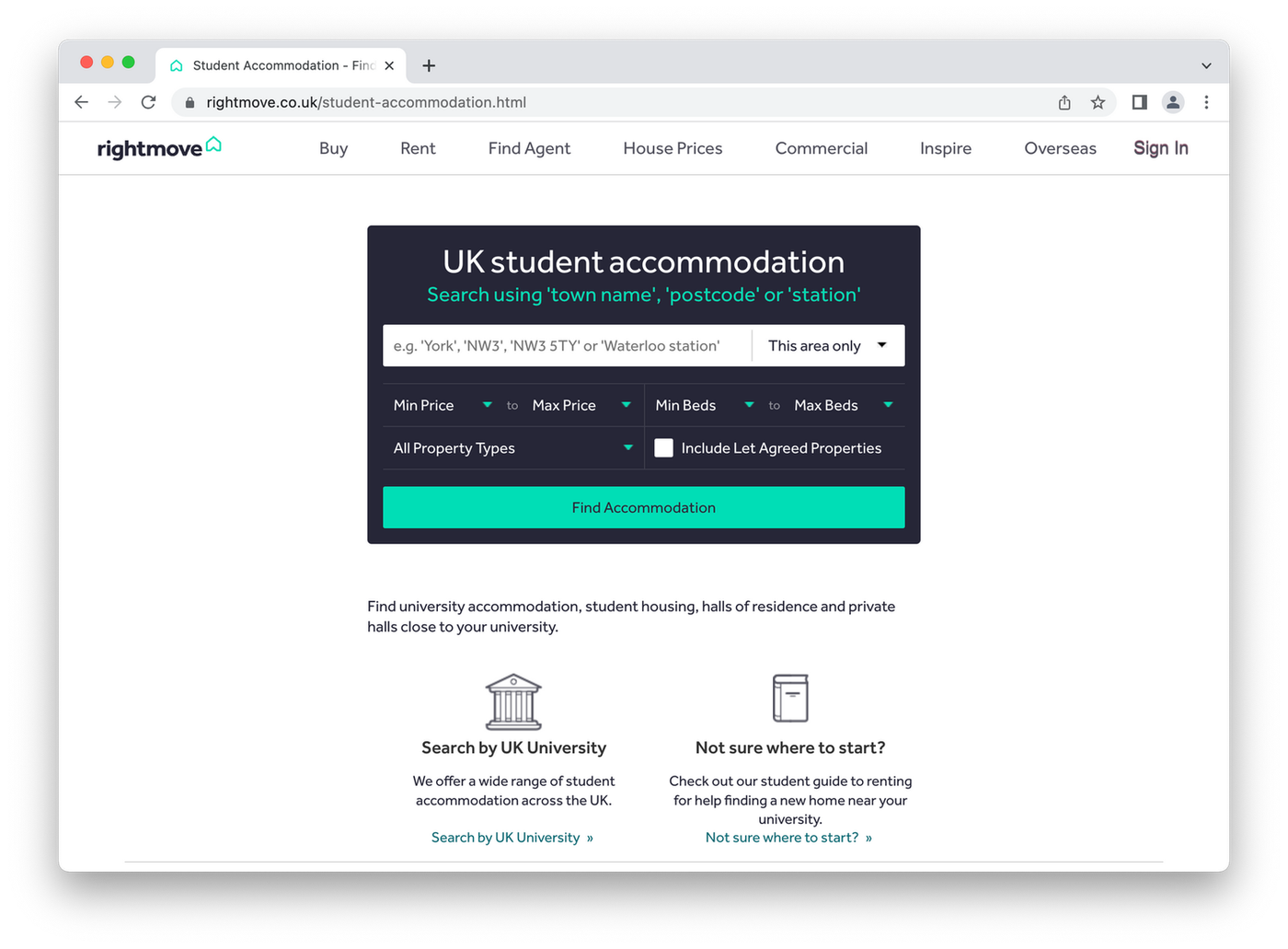 Rightmove UK student accommodation landing page, search bar on white background