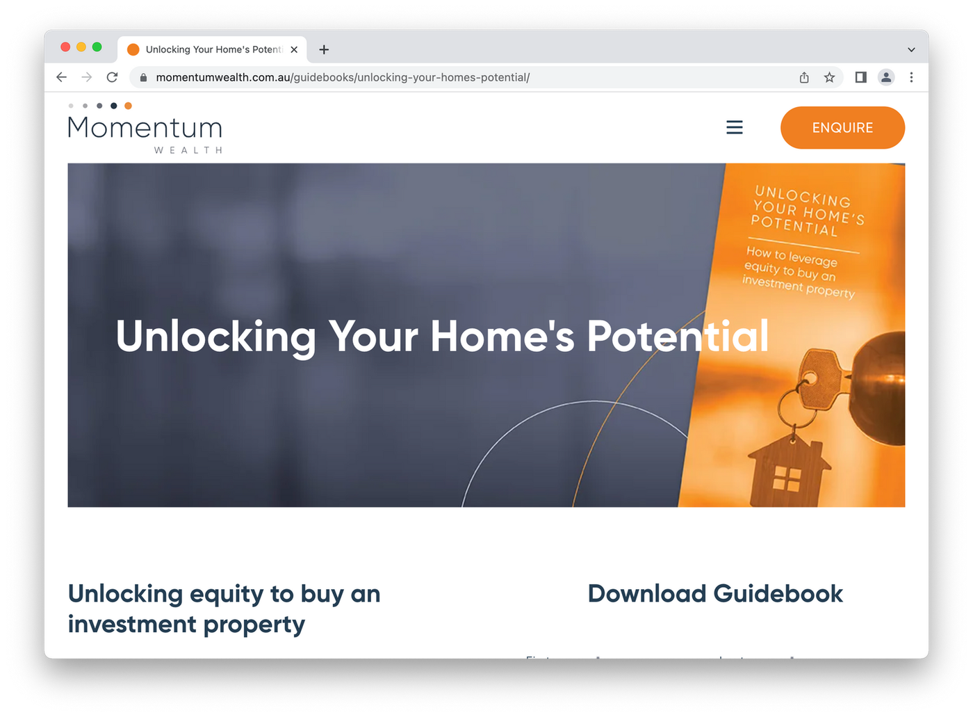 Momentum wealth homepage, text on grey and orange background