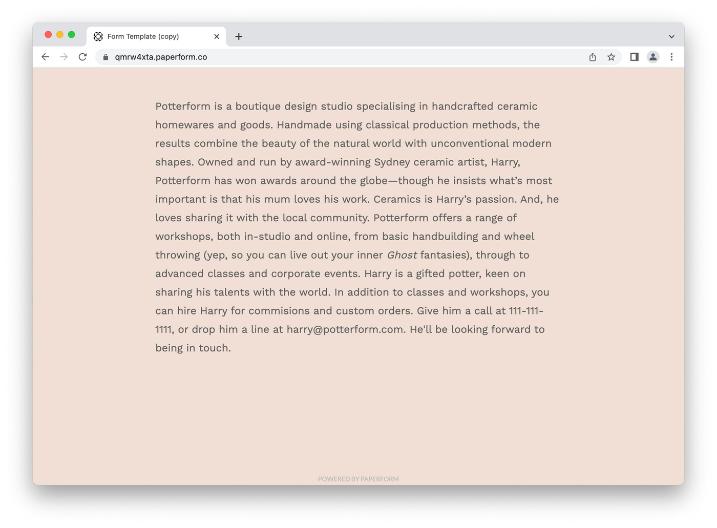 Sample website made with Paperform, block of text on peach background