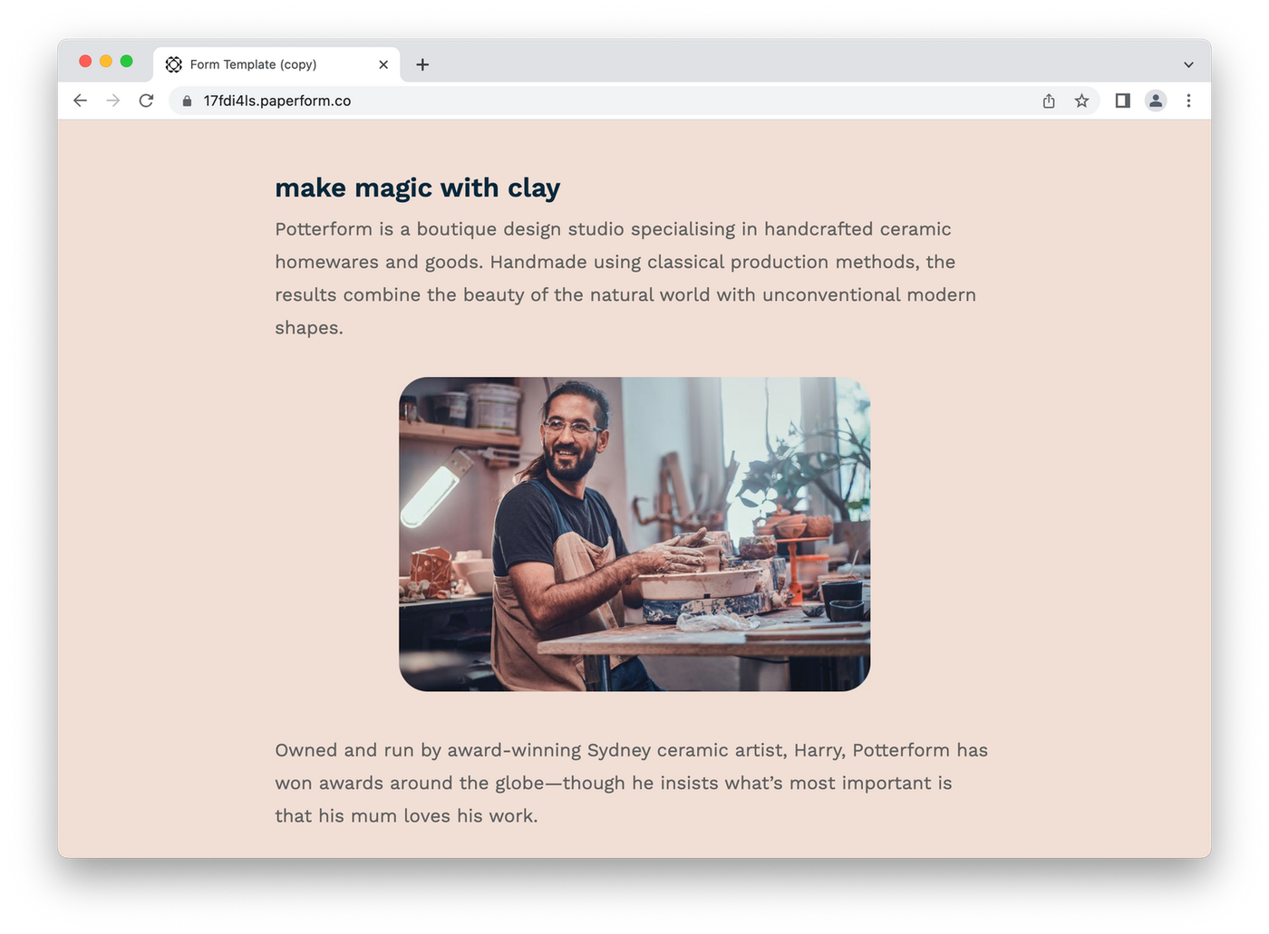 Sample website made with Paperform, text neatly broken up with headings and images