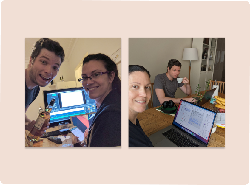 Two pictures of Dean and Diony sitting at their dining table five years apart