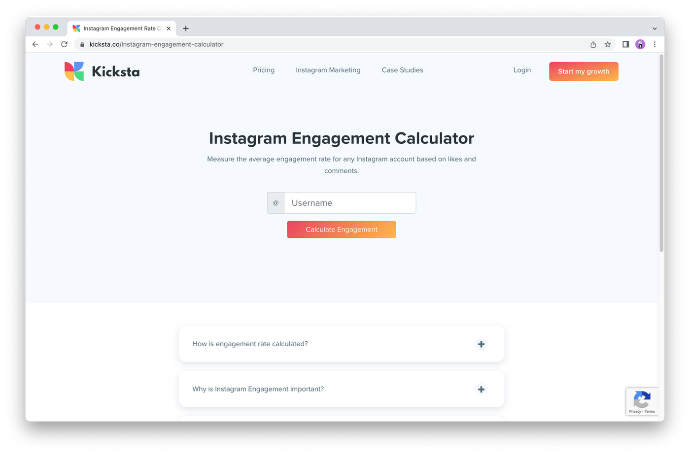 Kicksta instagram engagement calculator website screenshot