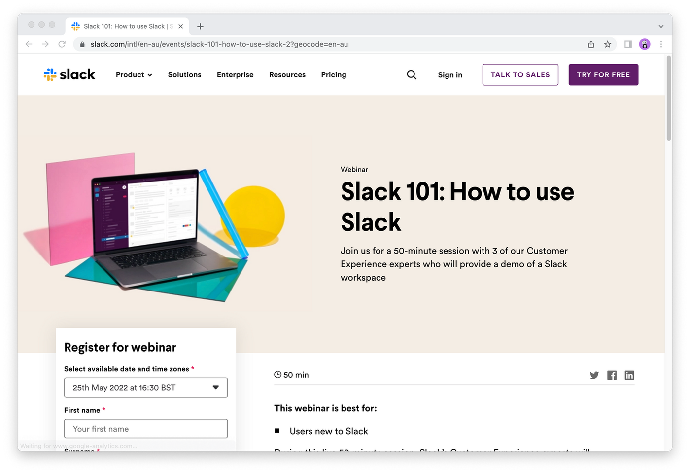Screenshot of Slack 101: how to use slack event landing page 