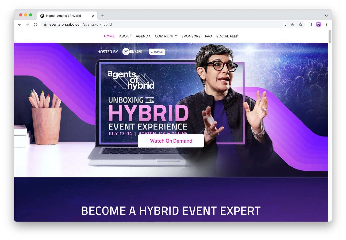 Agents of Hybrid event homepage screenshot, woman on a purple background 