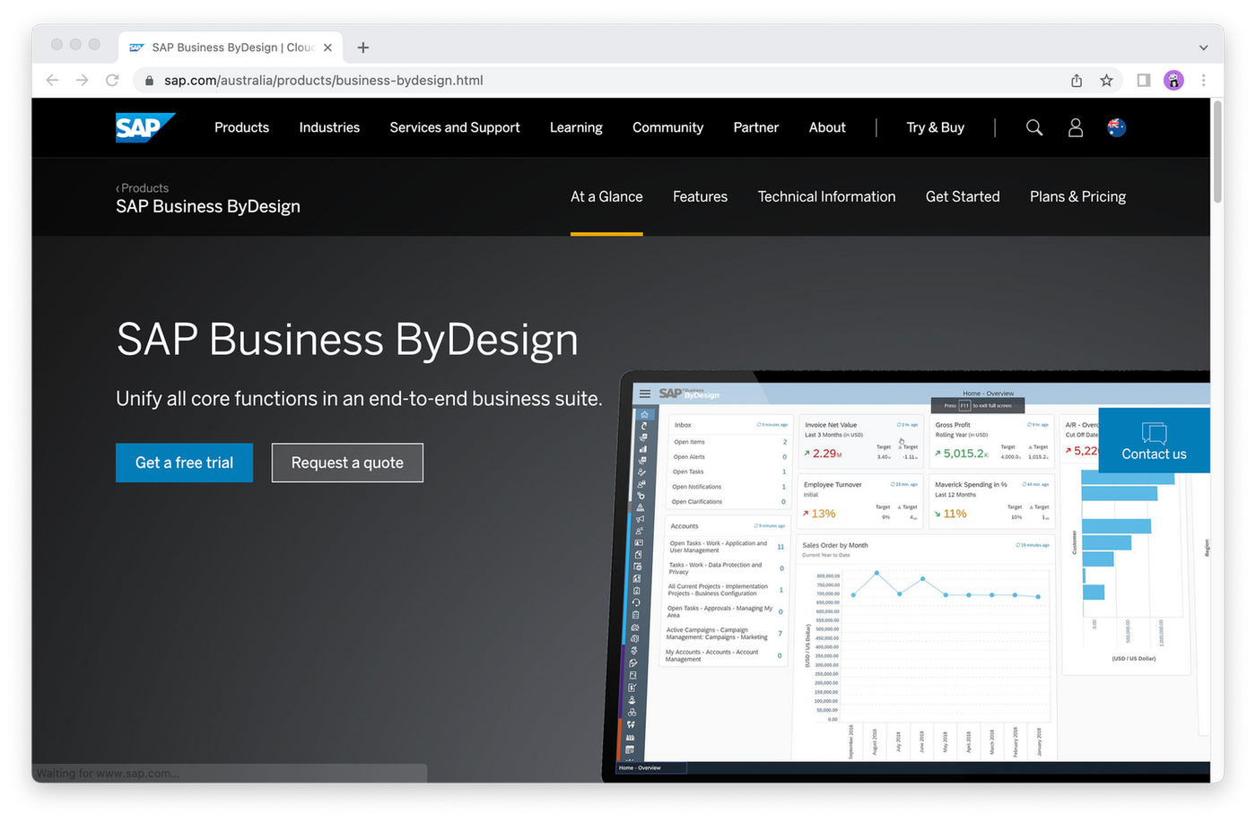 Screenshot of SAP Business ByDesign homepage