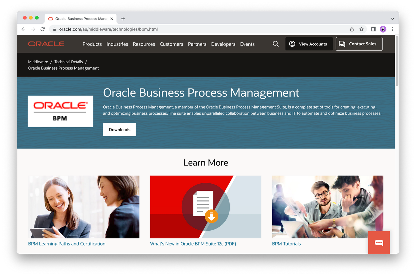 Screenshot of Oracle website
