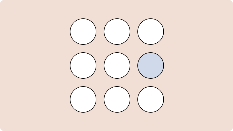 8 white circles and one blue circle