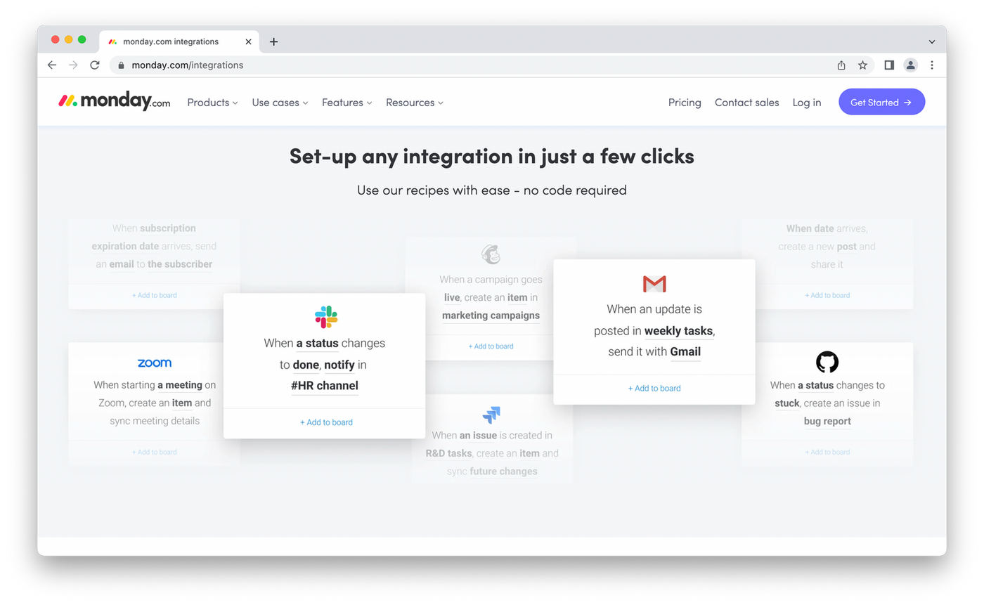 Sample integration recipes from monday.com, white notes on grey background