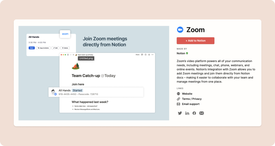 screenshot of Zoom integration page 